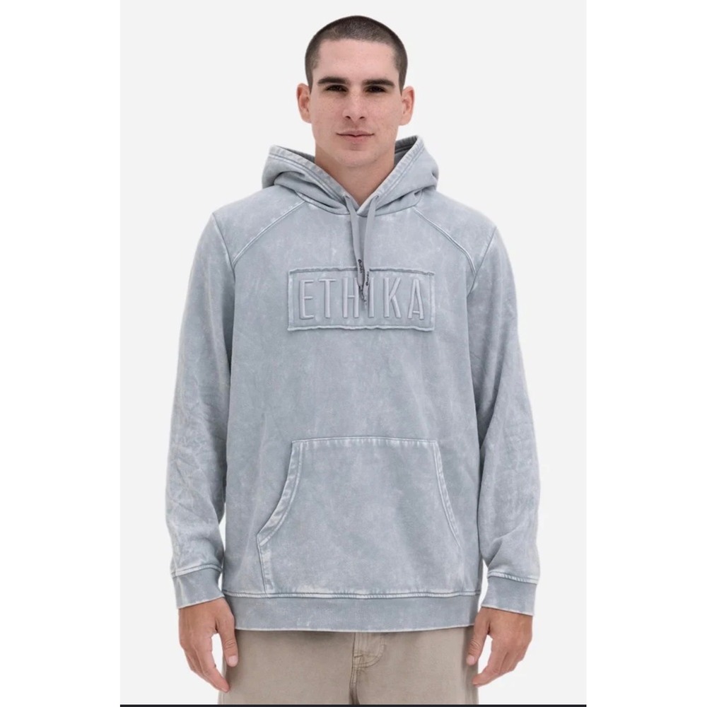 Ethika Mens Hoodie Stonewash Cloudy Blue Embroidered Logo Pullover Large